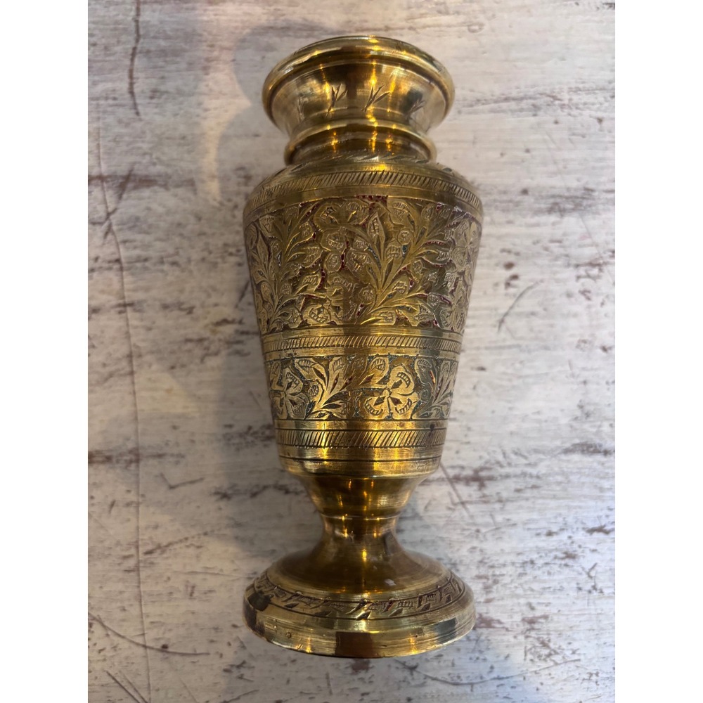 rare Brass vase 6.75" high gold made in India hand etched floral design gothic